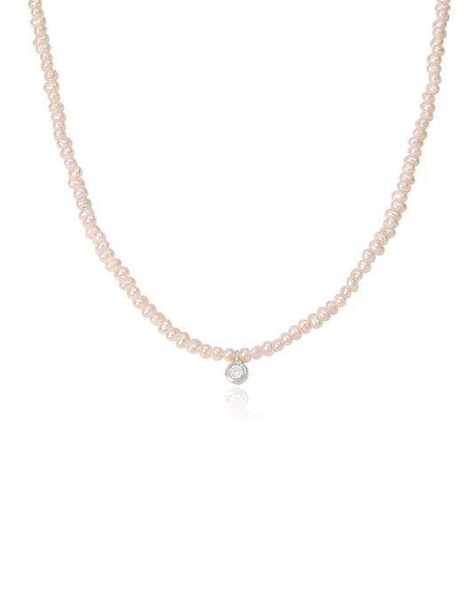 Pearl and Diamond Necklace - 14K White Gold Necklaces magal-dev Small: 0.03ct 16"