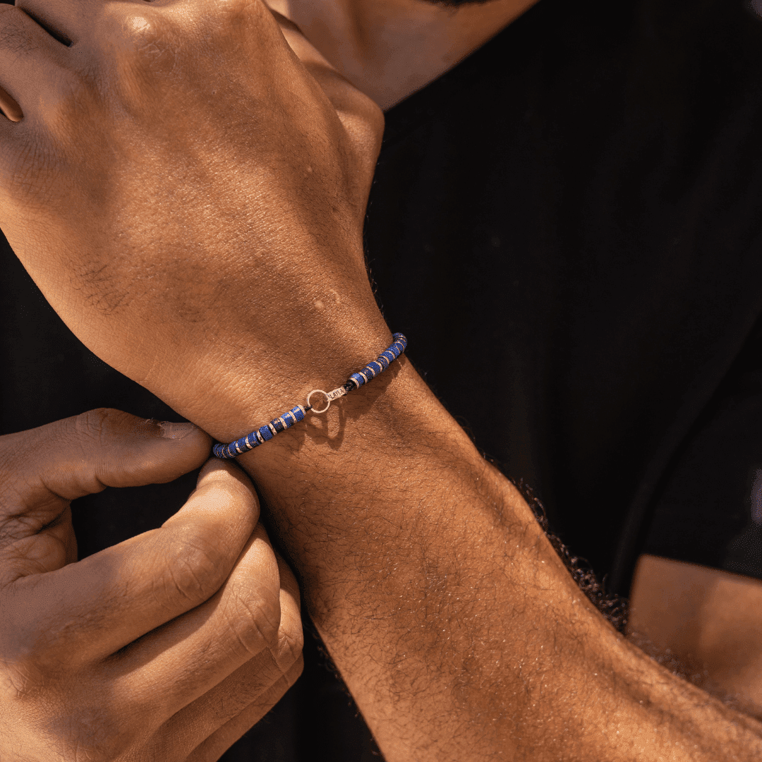 Bracelet de Perles de Lapis-Lazuli Bleu & Bagues Peronnalisables - Or Jaune 14 carats Bracelets magal-dev