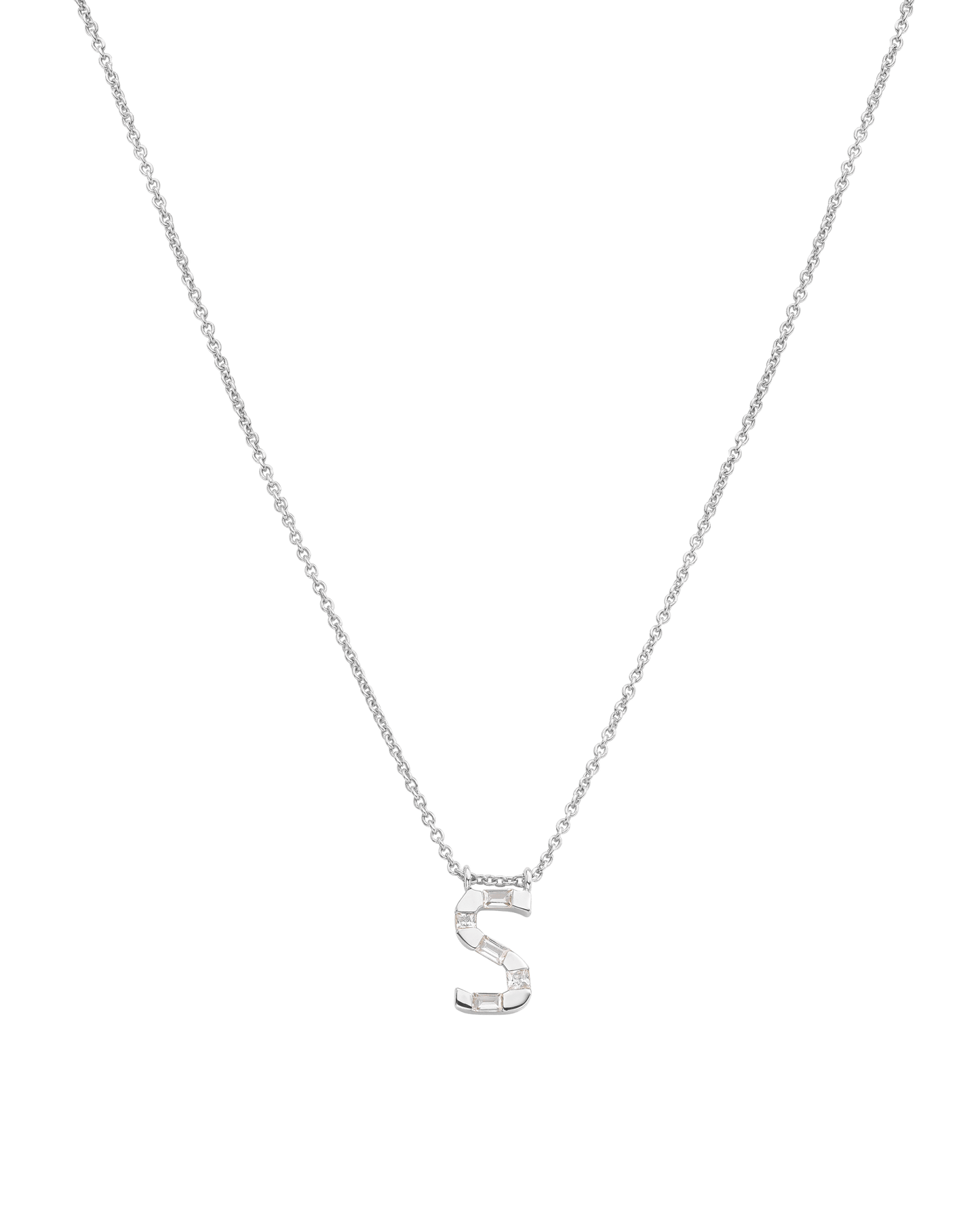 Signature Initial Baguette Necklace - 14K White Gold Necklaces 14K Solid Gold Adjustable 16-17" (40cm-43cm)