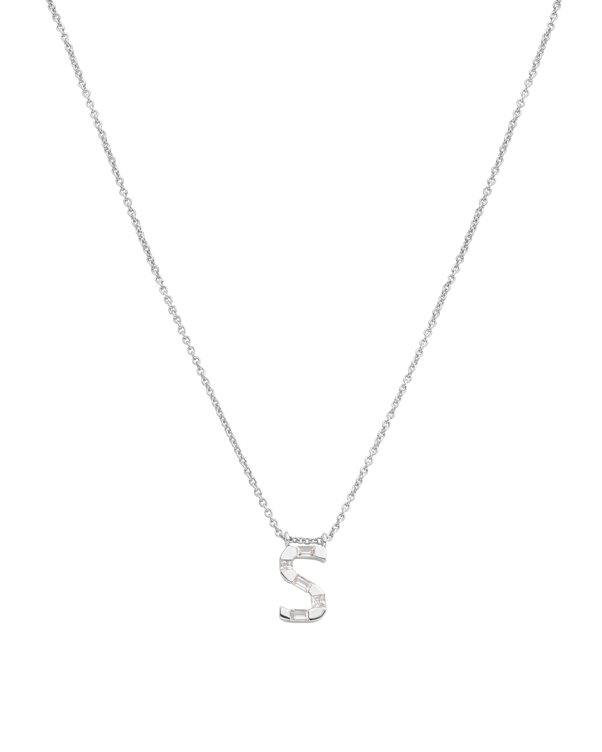 Signature Initial Baguette Necklace - 14K White Gold Necklaces 14K Solid Gold Adjustable 16-17" (40cm-43cm)