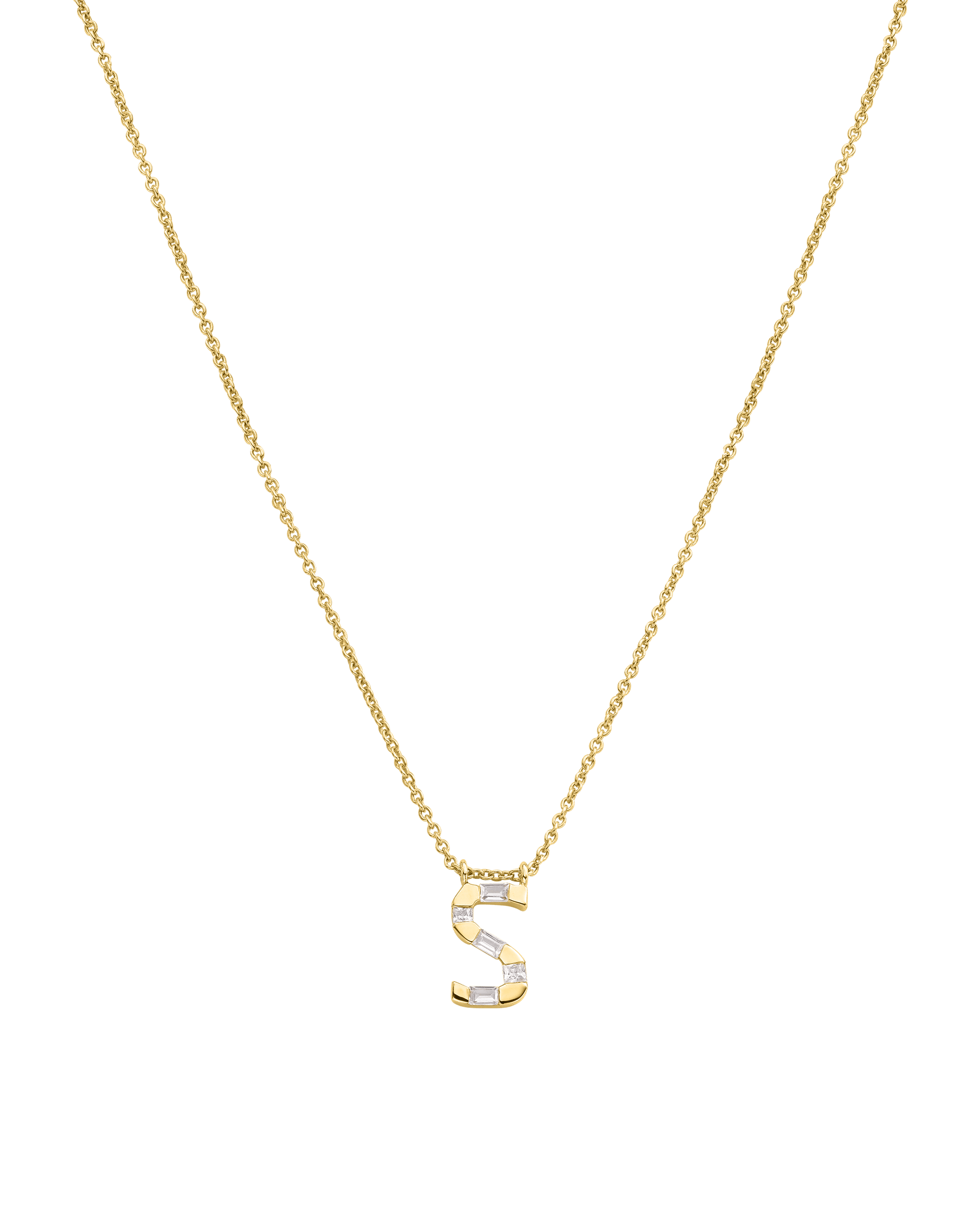 Signature Initial Baguette Necklace - 14K Yellow Gold Necklaces 14K Solid Gold Adjustable 16-17" (40cm-43cm)