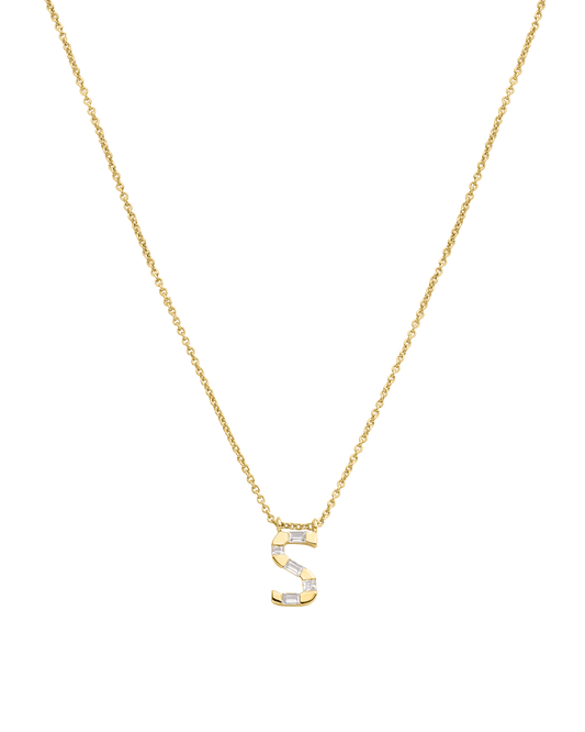 Signature Initial Baguette Necklace - 14K Yellow Gold Necklaces 14K Solid Gold Adjustable 16-17" (40cm-43cm)