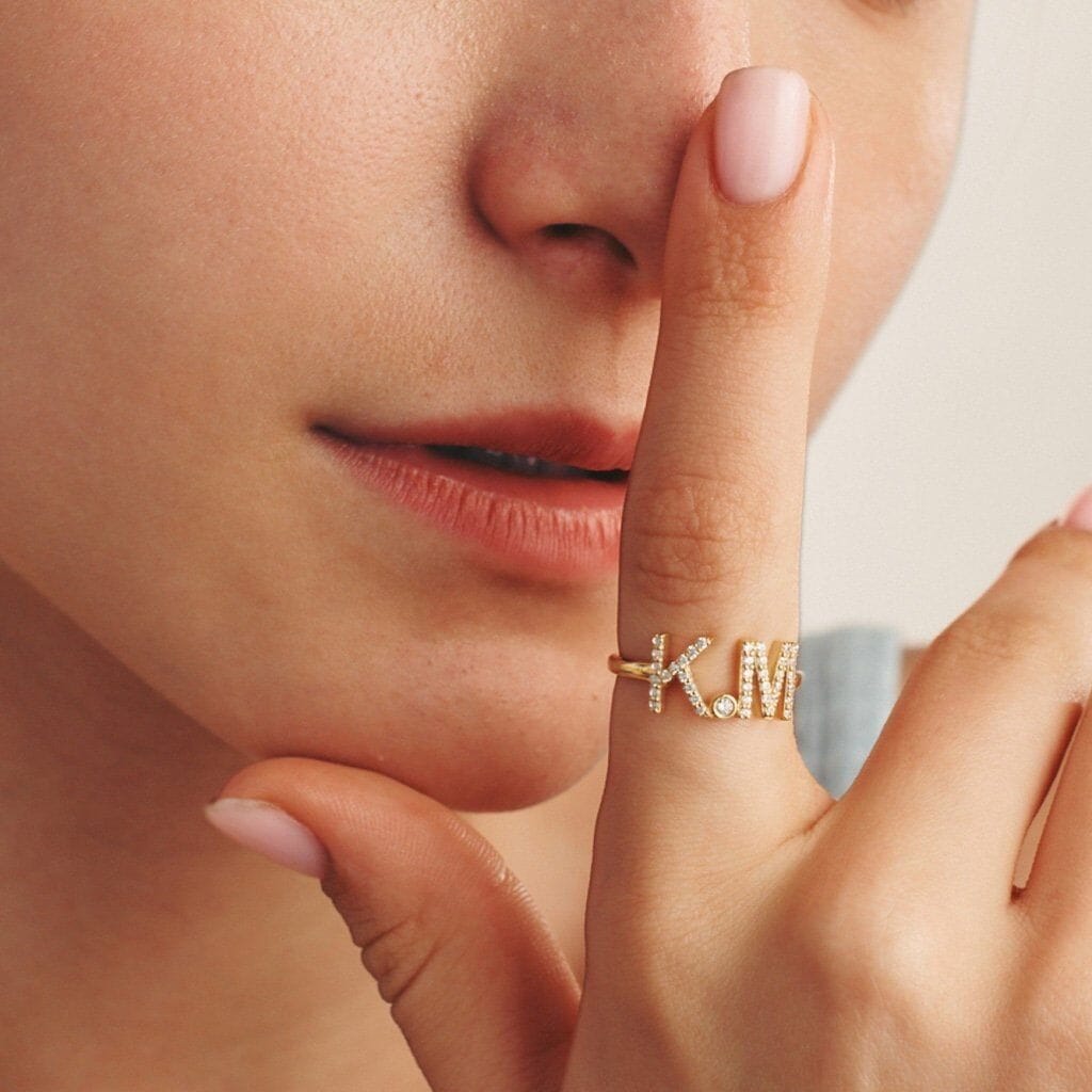 2 Paved Initials Diamond Ring - 14K Rose Gold Rings magal-dev