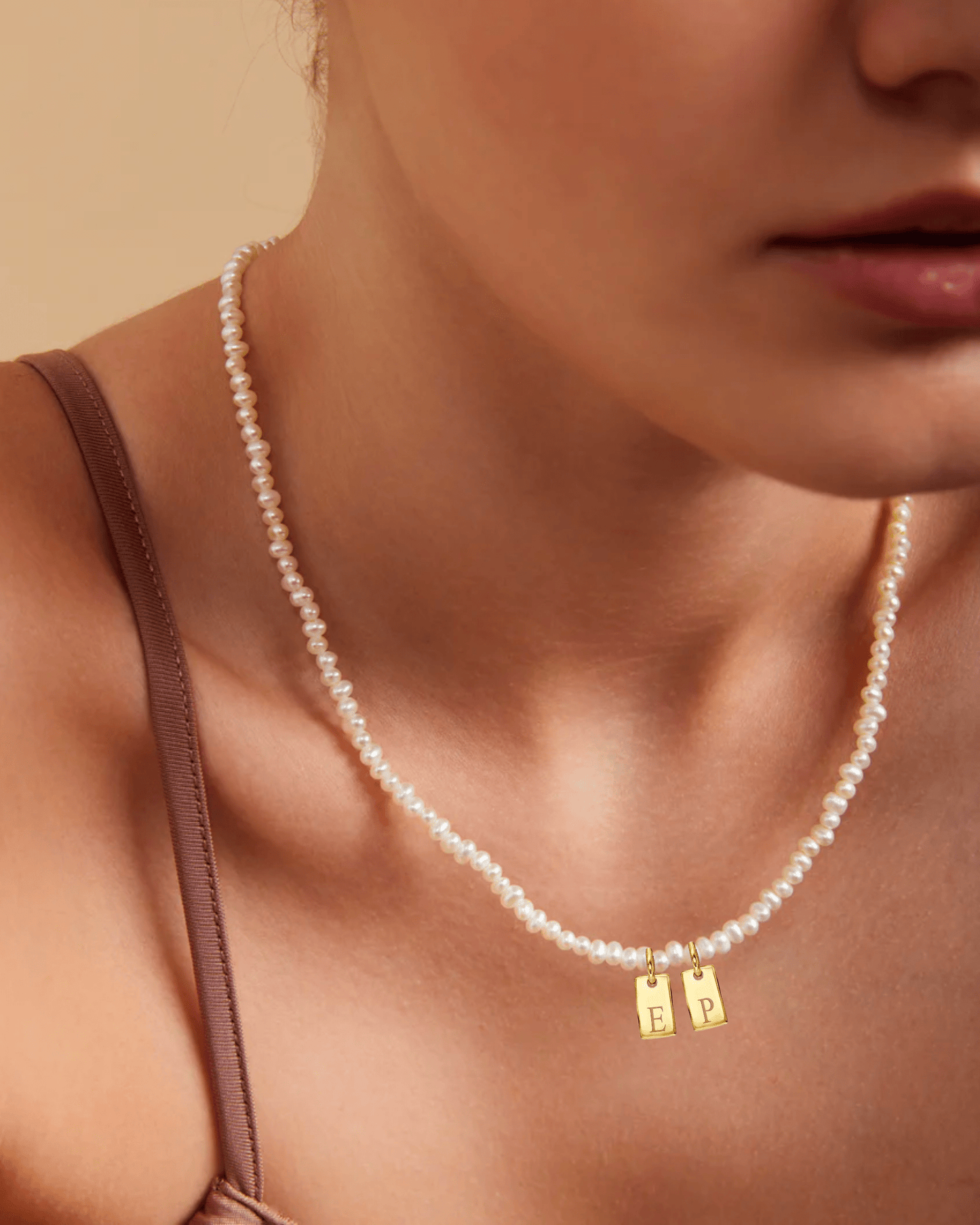 Initial Mini Dogtag & Pearl Necklace - 18K Gold Vermeil Necklaces magal-dev