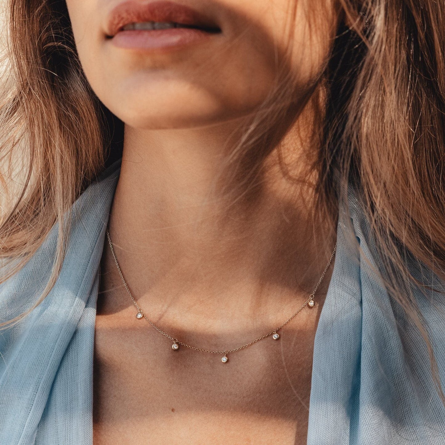 5 Diamonds Bezel Necklace - 14K White Gold Necklaces magal-dev