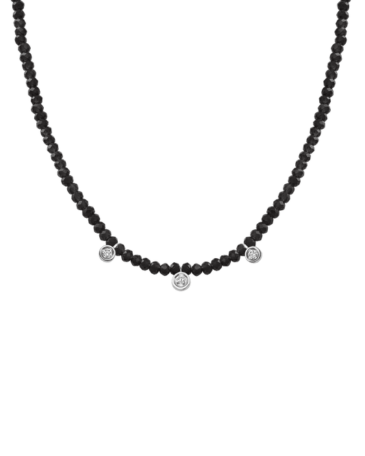 Black Spinel Gemstone & Three diamonds Necklace - 14K White Gold Necklaces magal-dev Glass Beads Black Spinnel 14" - Collar