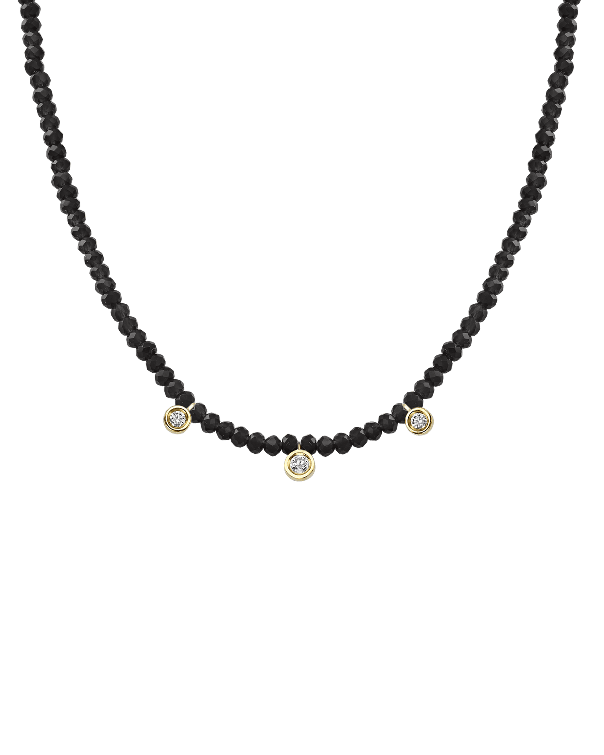 Black Spinel Gemstone & Three diamonds Necklace - 14K Yellow Gold Necklaces magal-dev Glass Beads Black Spinnel 14" - Collar