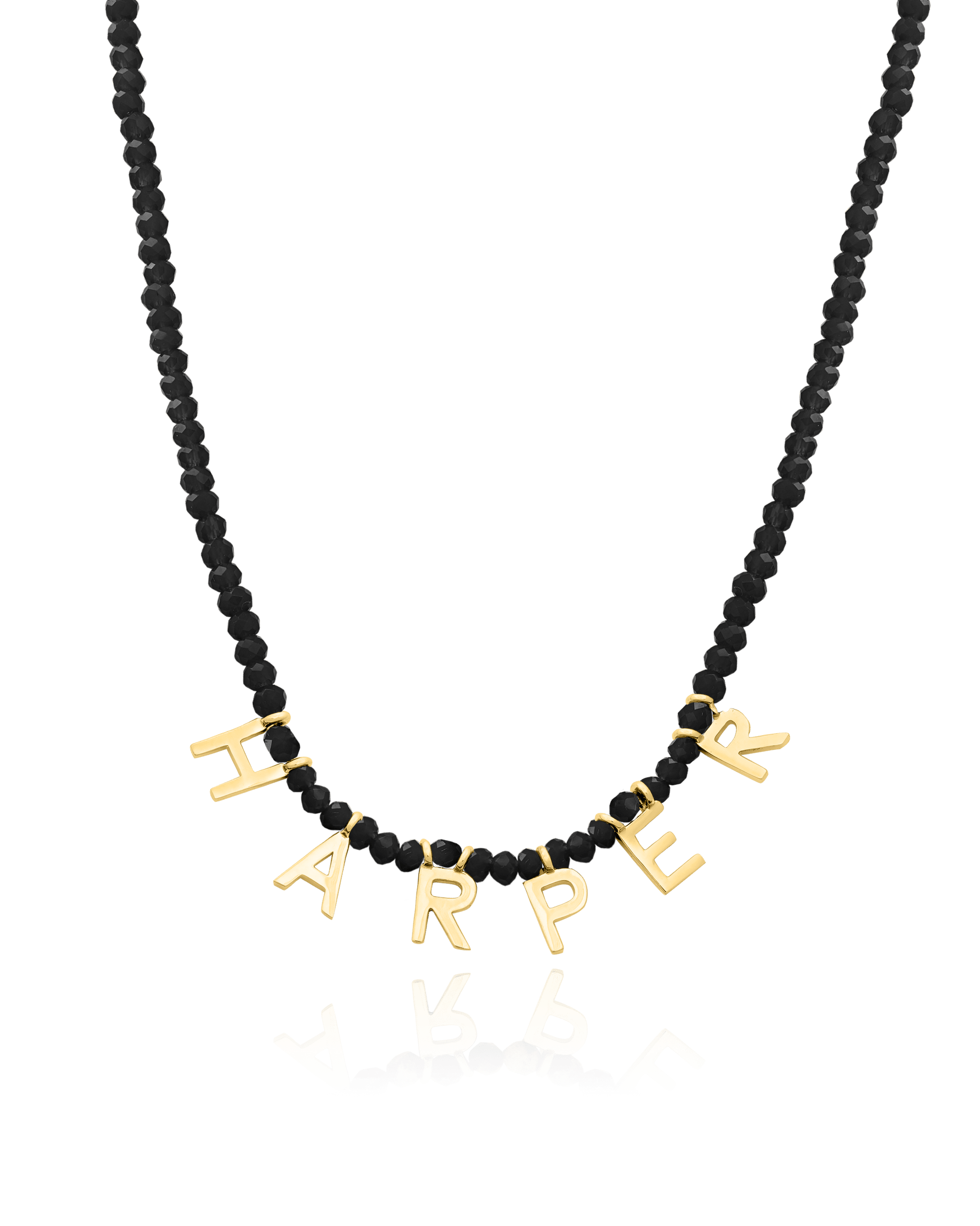 Gemstone & Initial Necklace - 18K Gold Vermeil Necklaces magal-dev Glass Beads Black Spinnel 14"