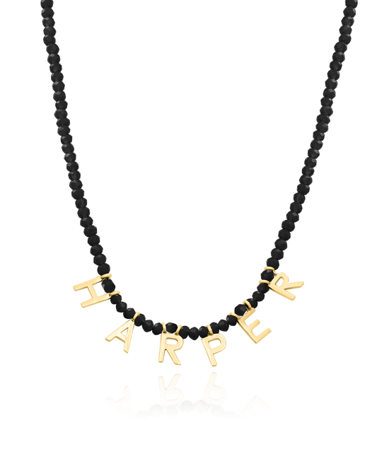 Gemstone & Initial Necklace - 18K Gold Vermeil Necklaces magal-dev Glass Beads Black Spinnel 14"