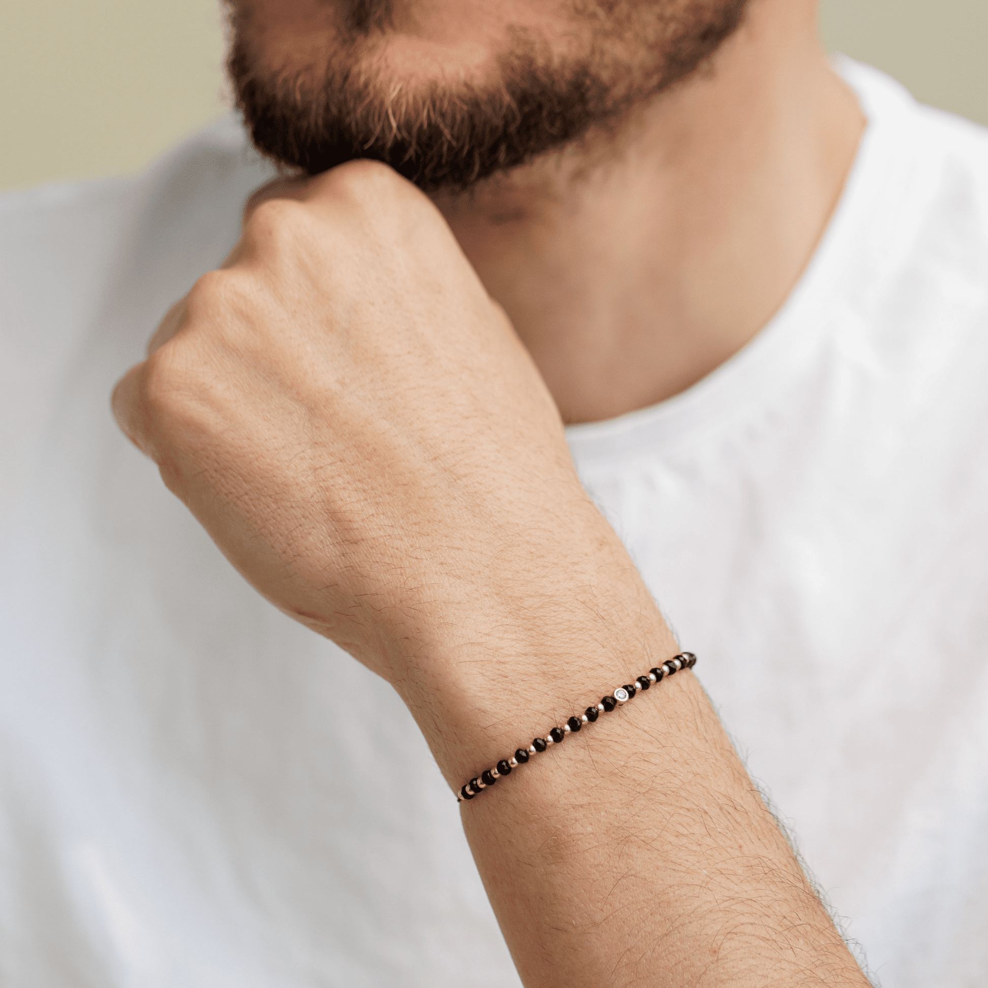 Black Onyx Gemstone String of Love Bracelet for Protection - 14K White Gold Bracelets 14K Solid Gold