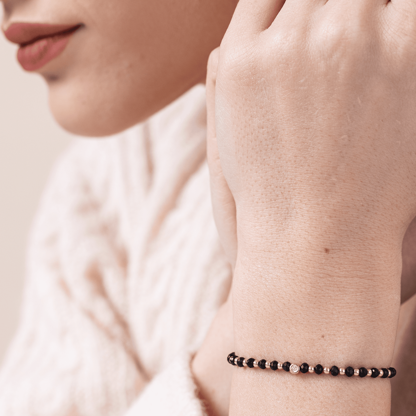 Black Onyx Gemstone String of Love Bracelet for Protection - 14K White Gold Bracelets 14K Solid Gold