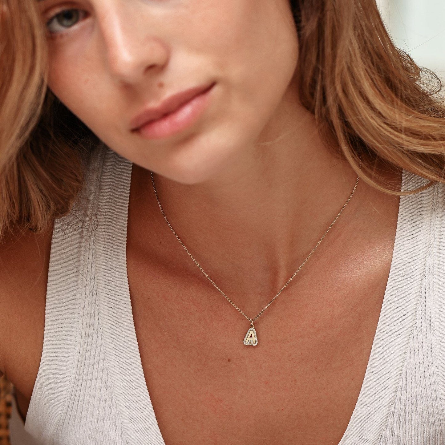 Diamond Bubble Initial Necklace - 14K Yellow Gold Necklaces 14K Solid Gold