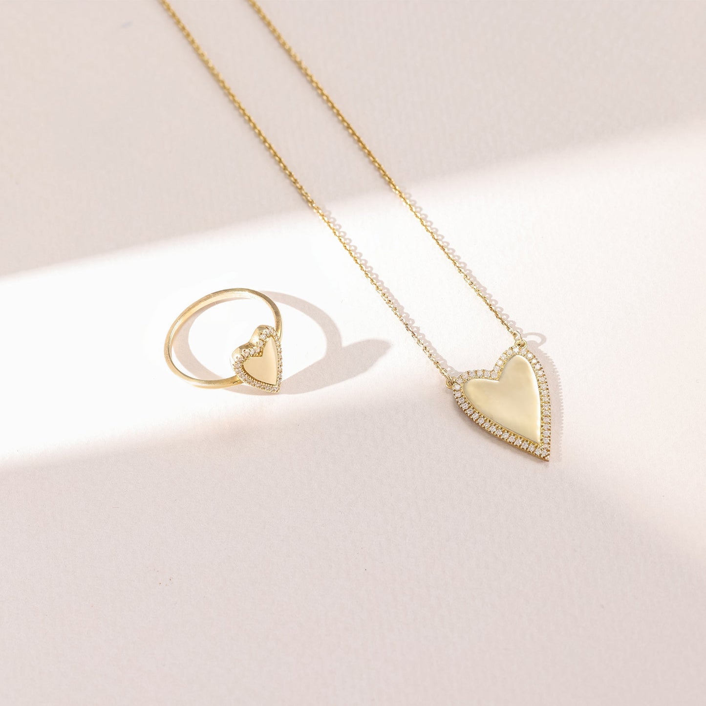 Diamond Outlined Heart Ring - 14K Yellow Gold Rings 14K Solid Gold