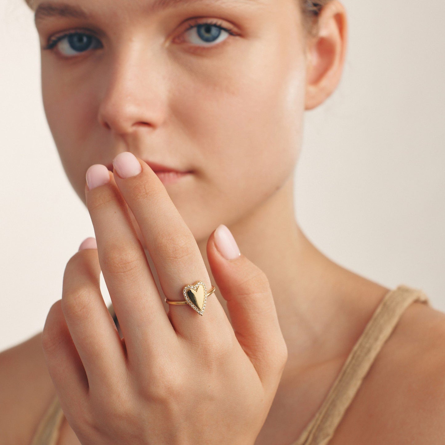 Diamond Outlined Heart Ring - 14K Yellow Gold Rings 14K Solid Gold