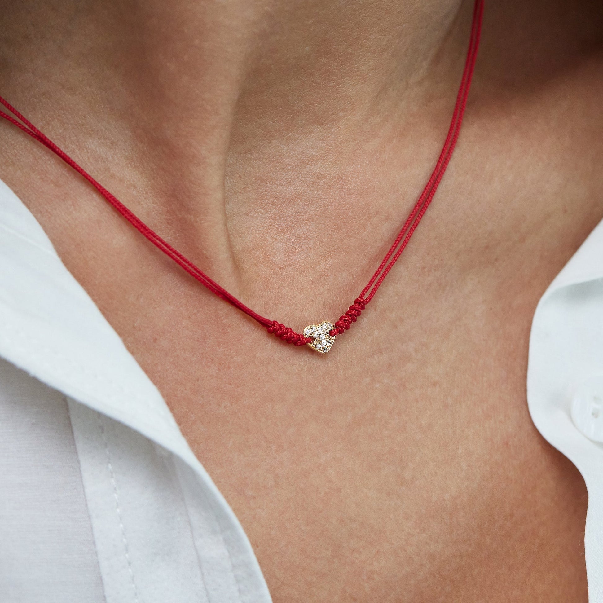 Diamond Paved Heart String of Love Necklace - 14K Yellow Gold Necklaces 14K Solid Gold