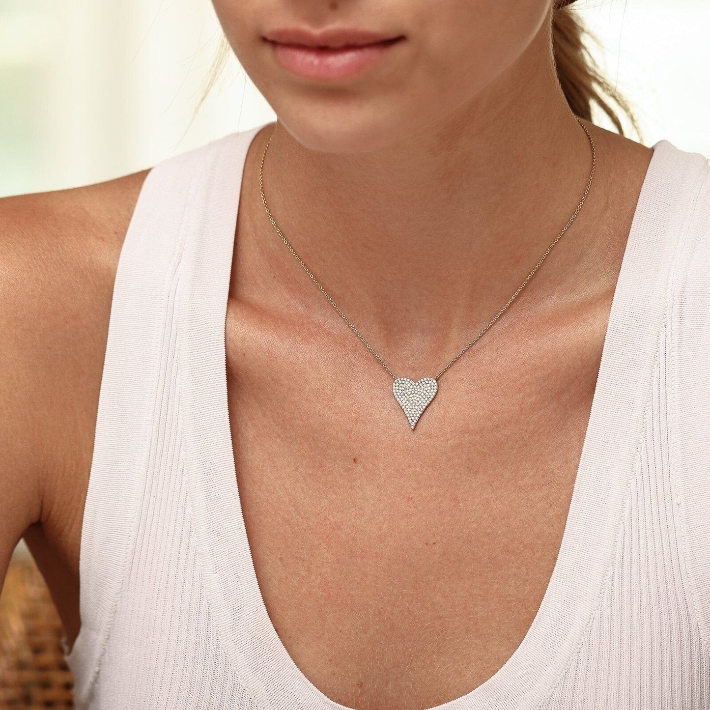 Large Diamond Paved Heart Necklace - 14K Yellow Gold Necklaces magal-dev