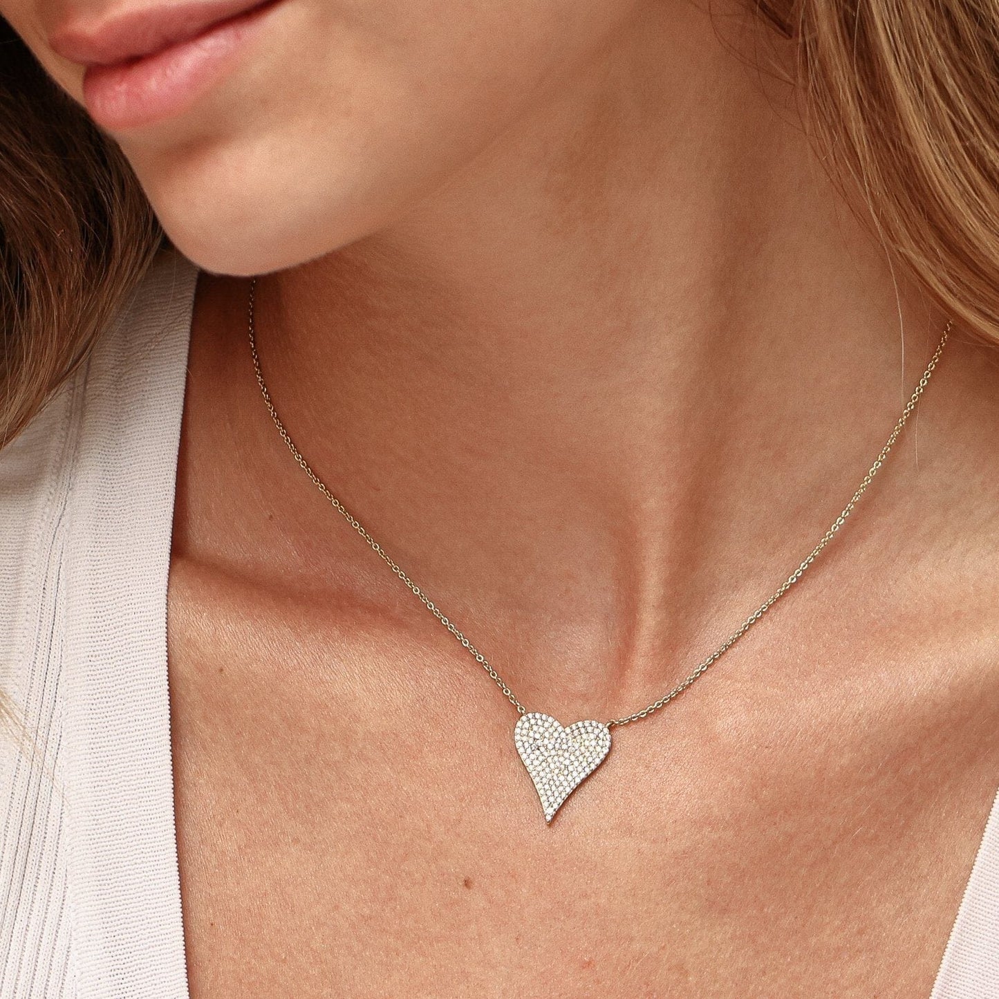 Large Diamond Paved Heart Necklace - 14K Yellow Gold Necklaces magal-dev