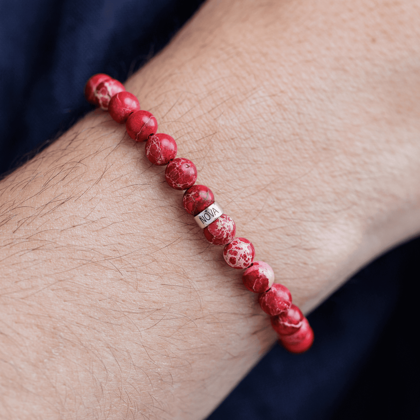 Men's Red Imperial Jasper Engravable Bead Bracelet - 14K Yellow Gold Bracelets magal-dev