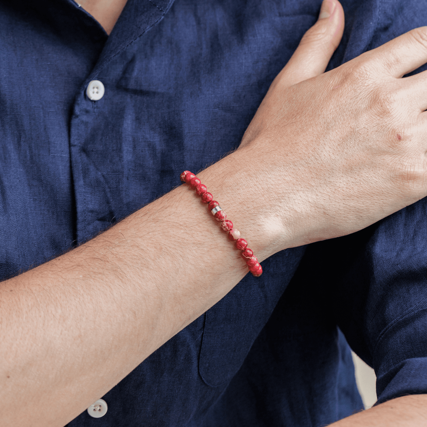 Men's Red Imperial Jasper Engravable Bead Bracelet - 14K Yellow Gold Bracelets magal-dev
