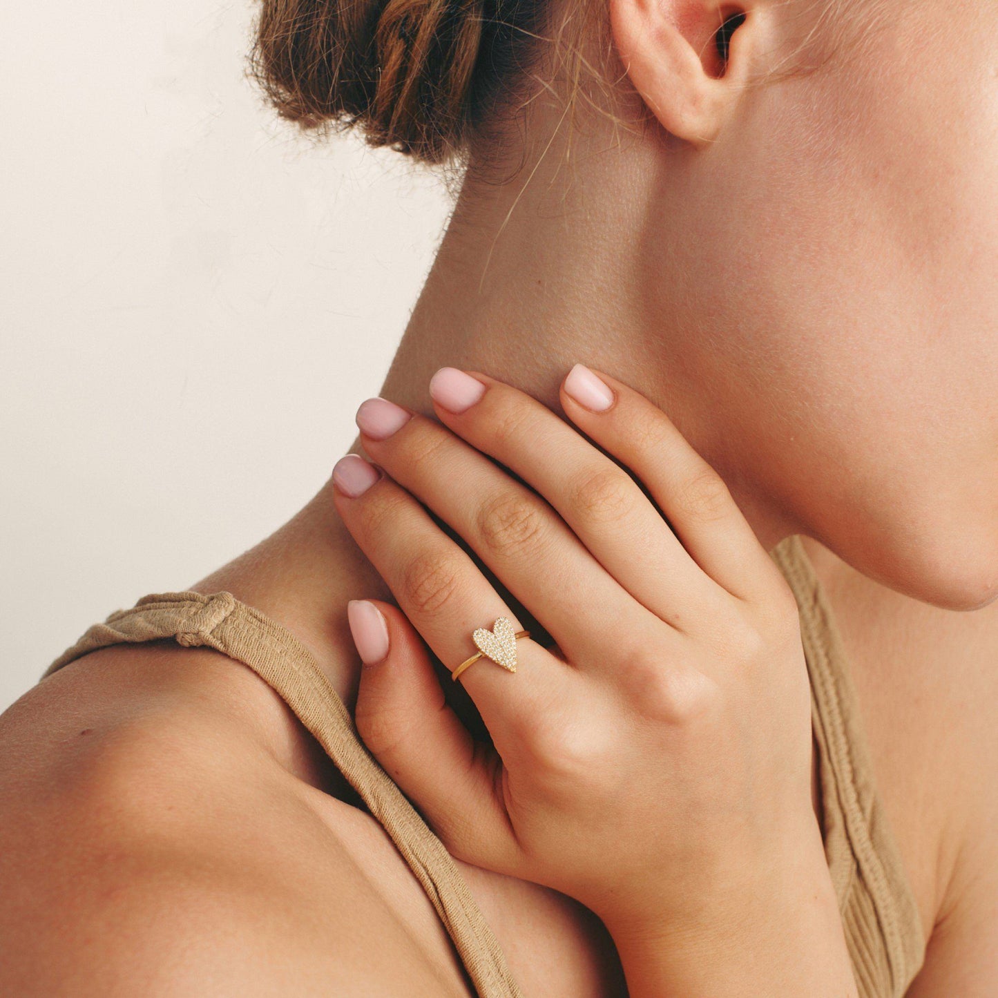 Paved Diamond Heart Ring - 14K Rose Gold Rings 14K Solid Gold