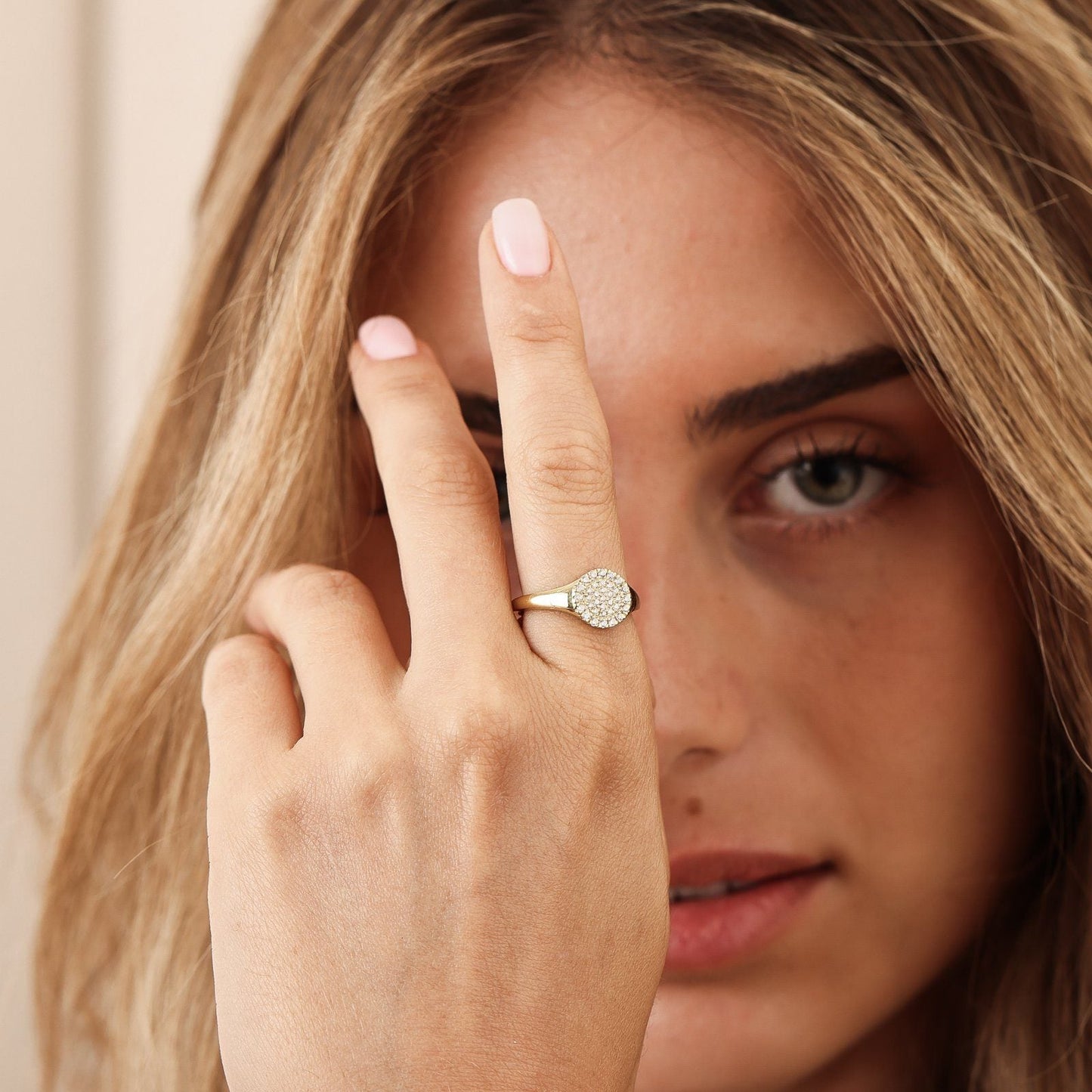 Round Signet Diamond Ring - 14K Rose Gold Rings 14K Solid Gold