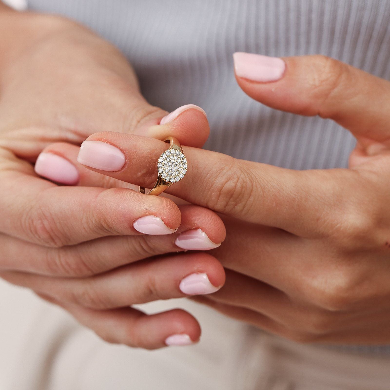 Round Signet Diamond Ring - 14K Rose Gold Rings 14K Solid Gold
