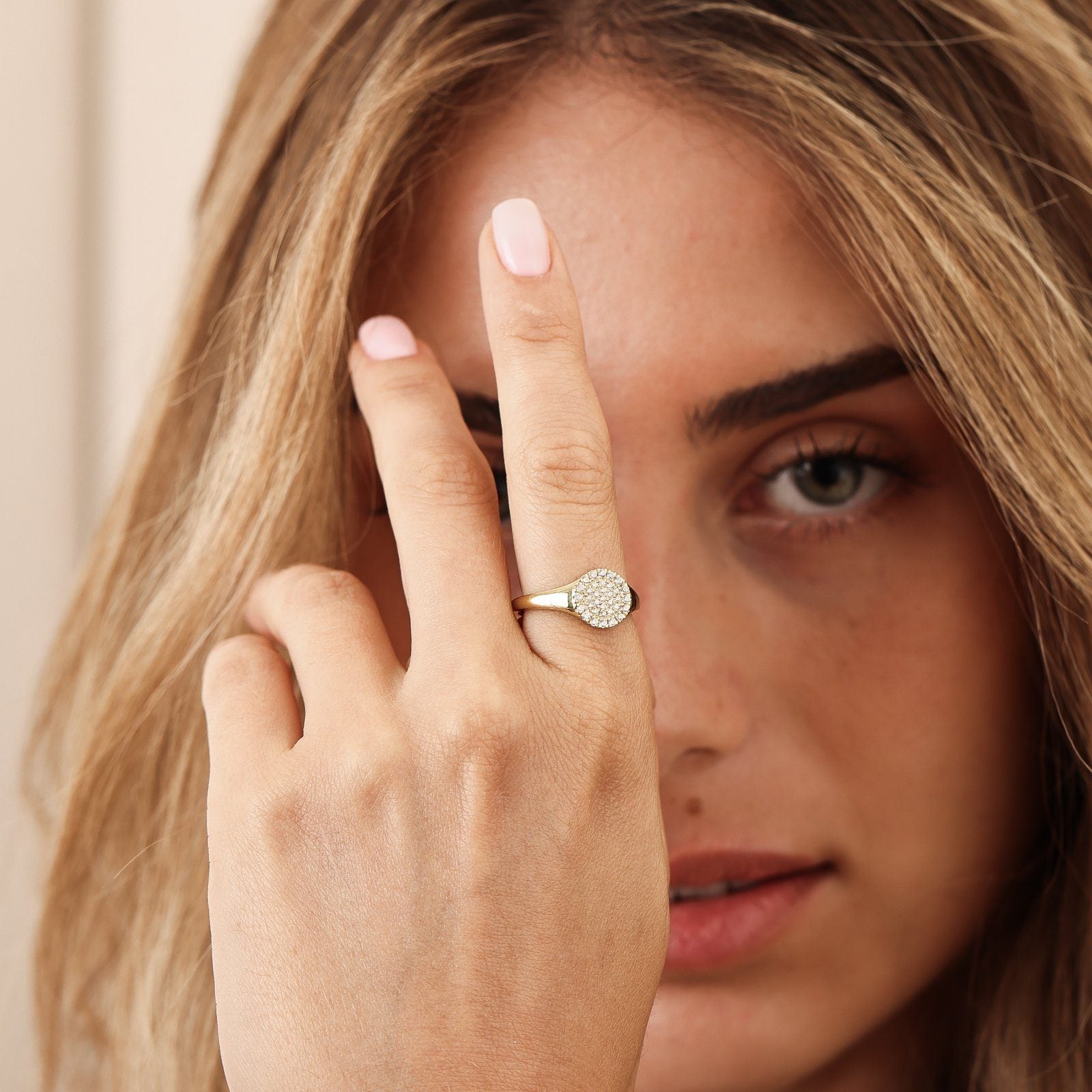 Round Signet Diamond Ring - 14K White Gold Rings 14K Solid Gold