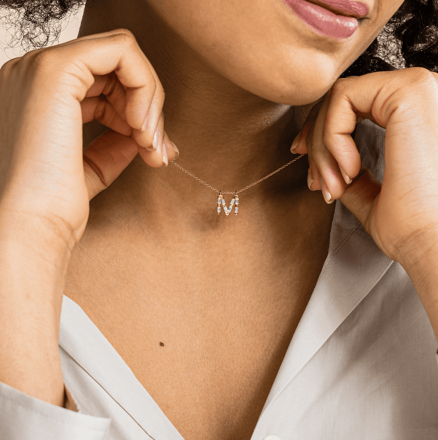 Signature Initial Baguette Necklace - 14K White Gold Necklaces 14K Solid Gold