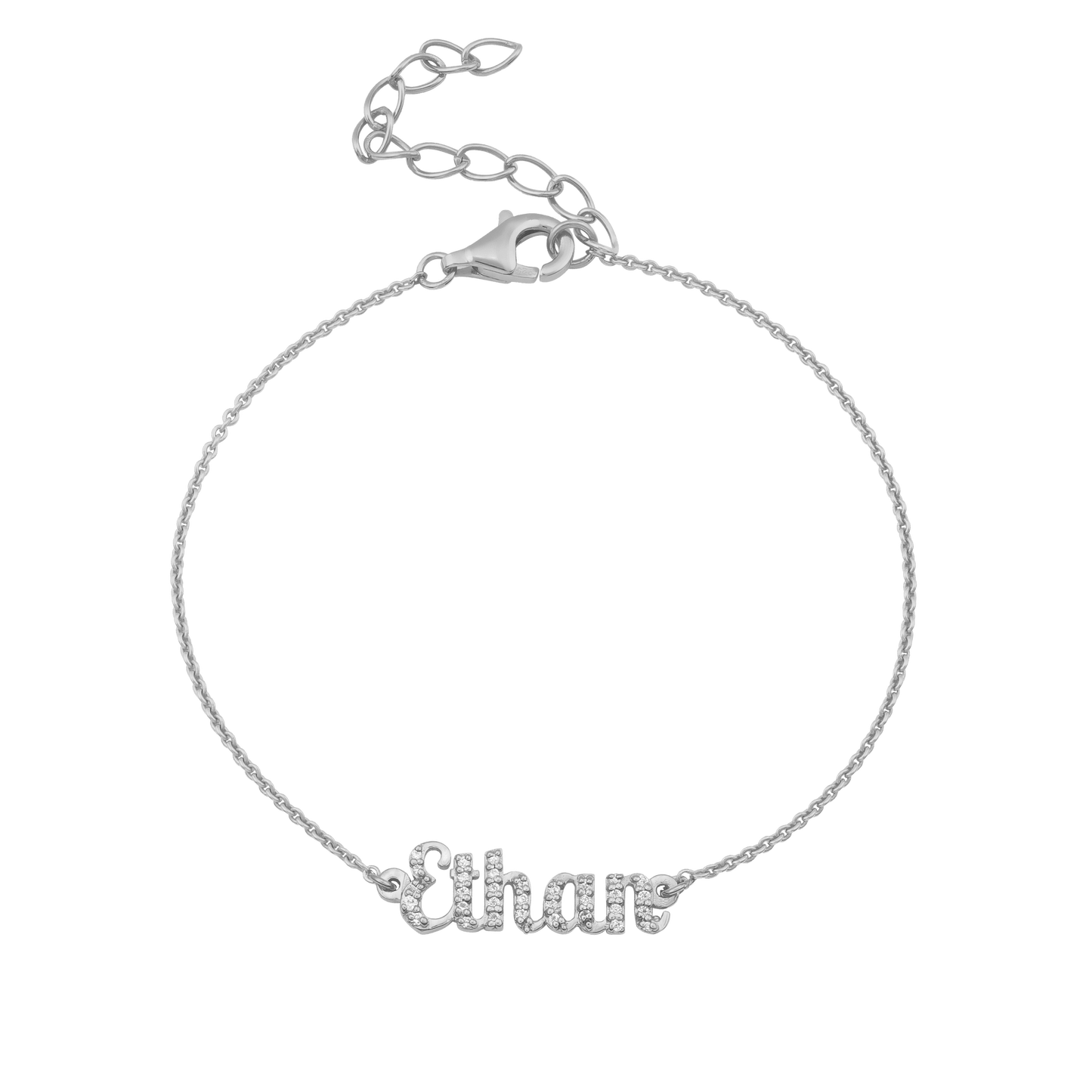 Signature Name Bracelet - 925 Sterling Silver Bracelets magal-dev Paved w/White Sapphire 6"+1.5" Extender (S-M)