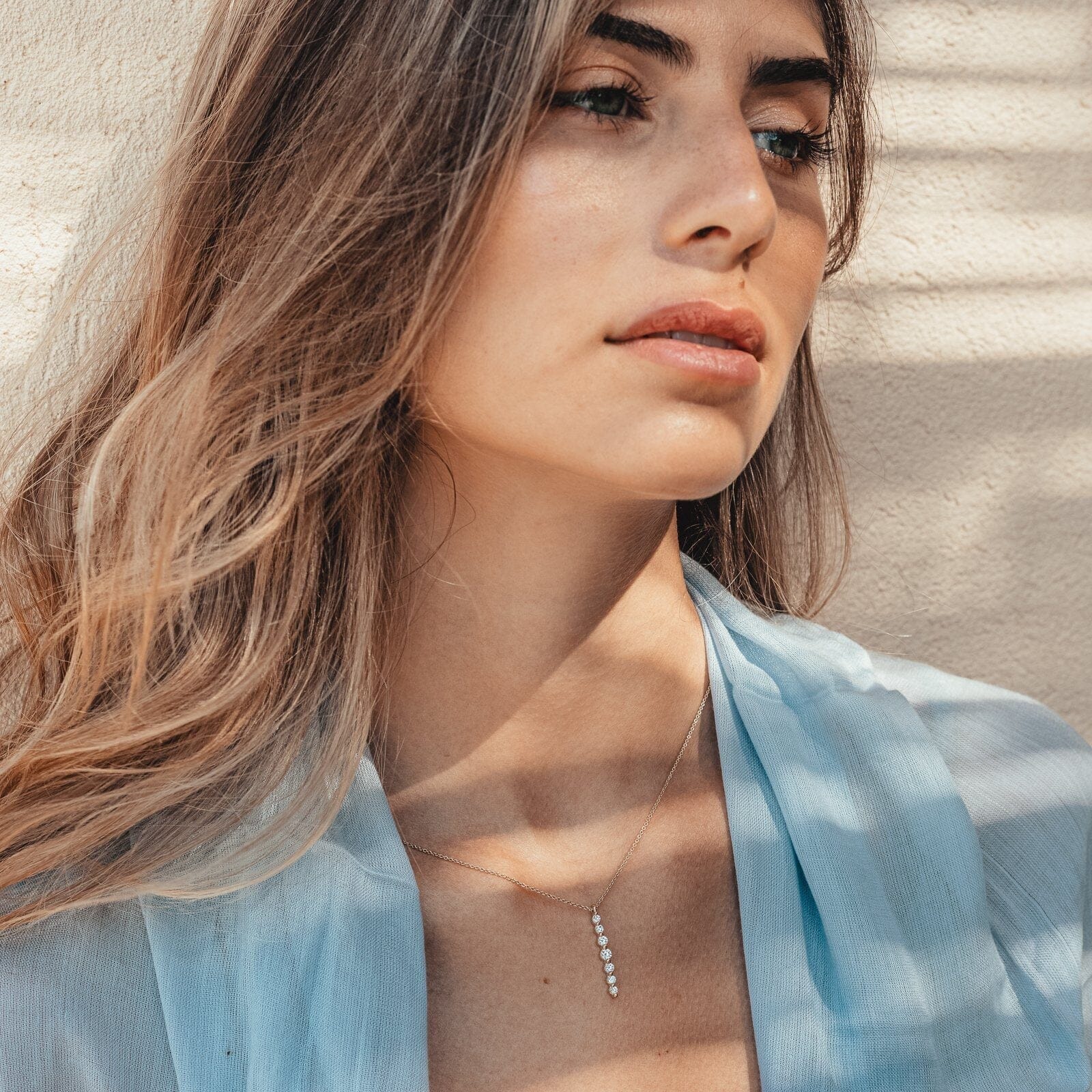 Vertical 7 Diamonds Bar Necklace - 14K Rose Gold Necklaces magal-dev