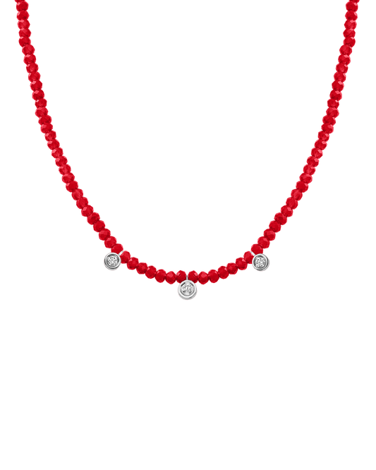 Jade Gemstone & Three diamonds Necklace - 14K White Gold Necklaces magal-dev Natural Red Jade 14" - Collar 