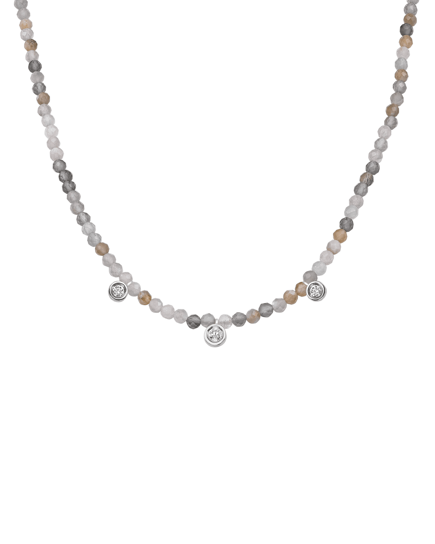 Colliers 3 Diamants & Pierres Précieuses - Or Blanc 14 carats Necklaces magal-dev Pierre de lune naturelle 35cm - Ras de Cou 