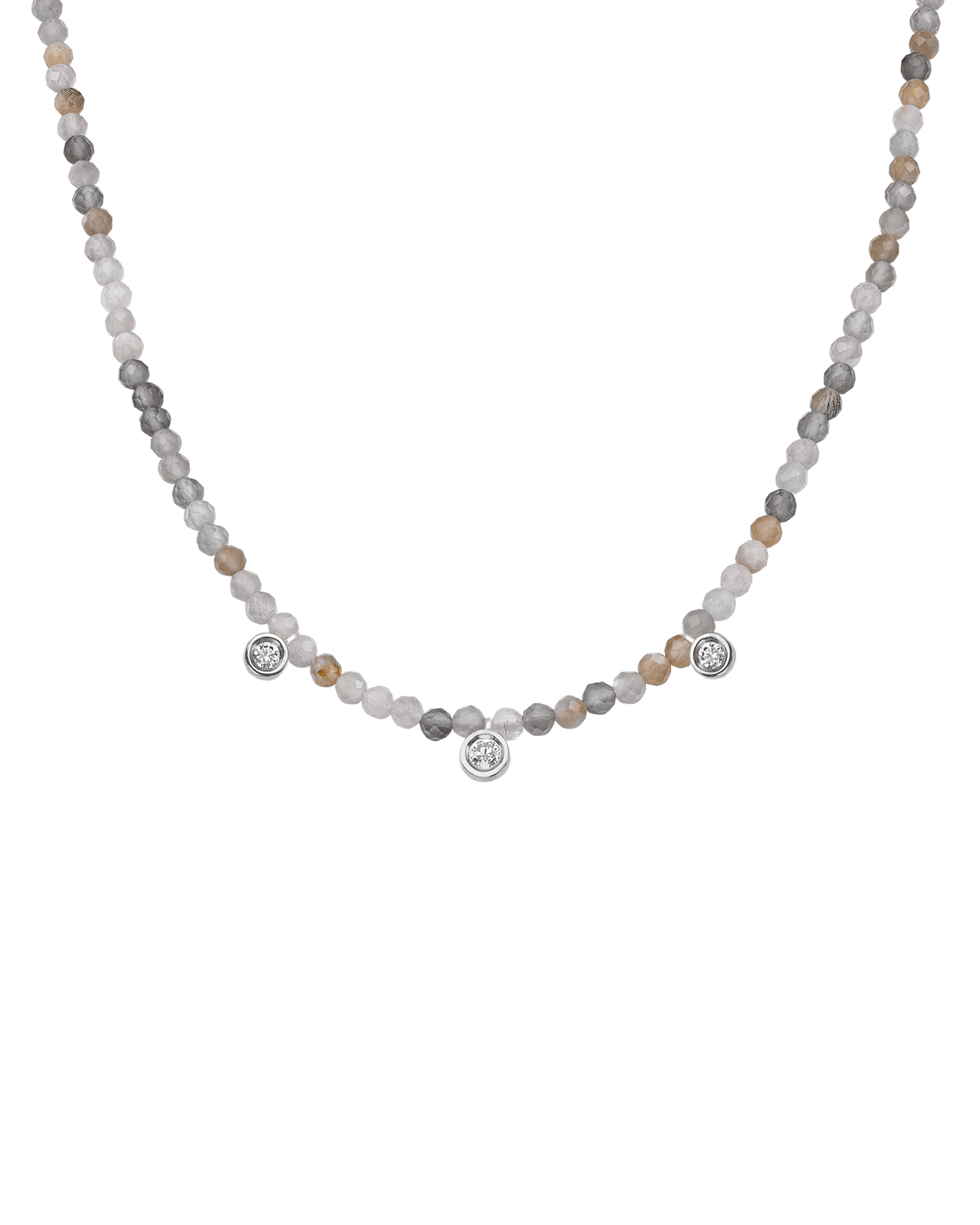 Moonstone Gemstone & Three diamonds Necklace - 14K White Gold Necklaces magal-dev Natural Moonstone 14" - Collar 