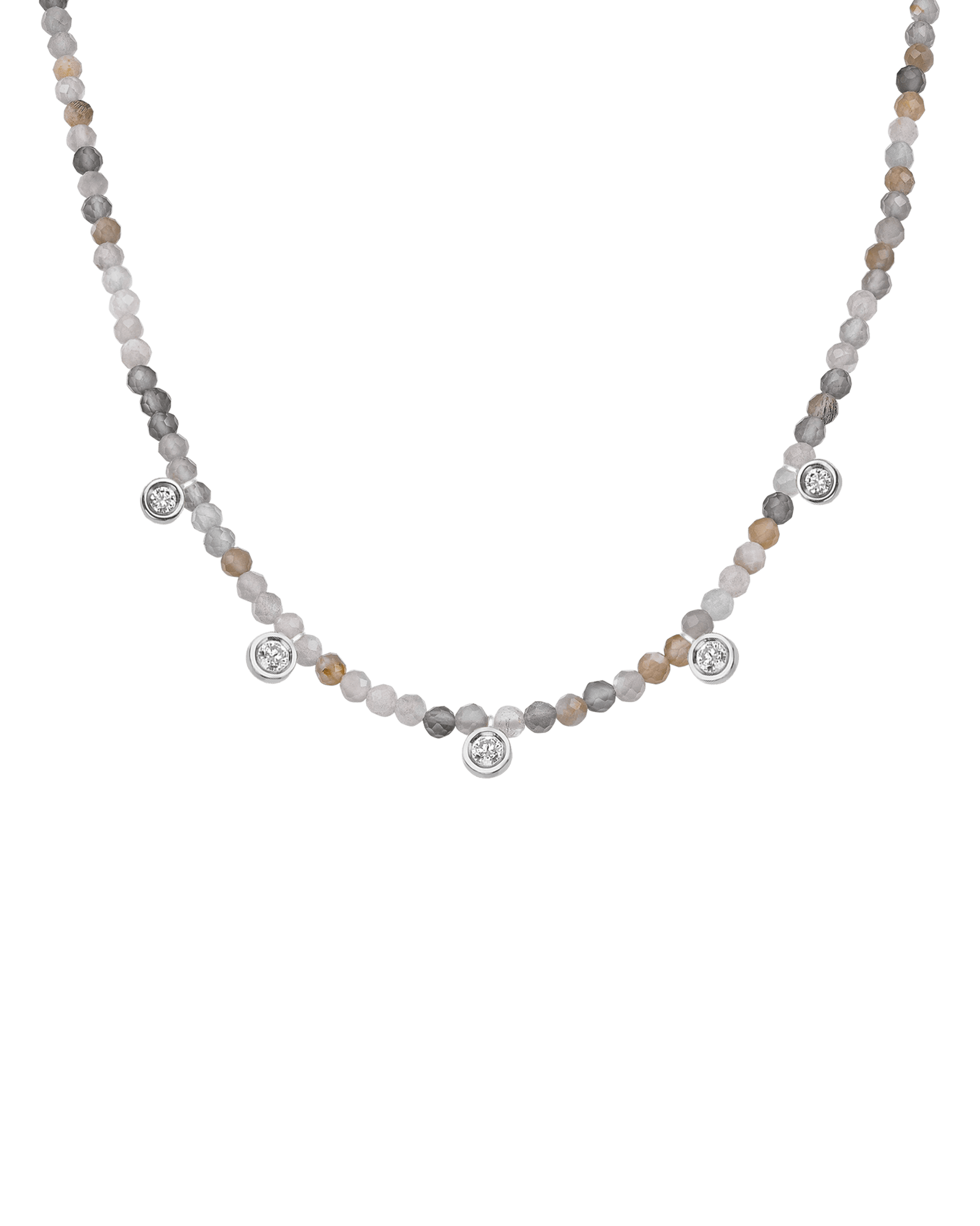 Emerald Gemstone & Five diamonds Necklace - 14K White Gold Necklaces magal-dev Natural Moonstone 14" - Collar 