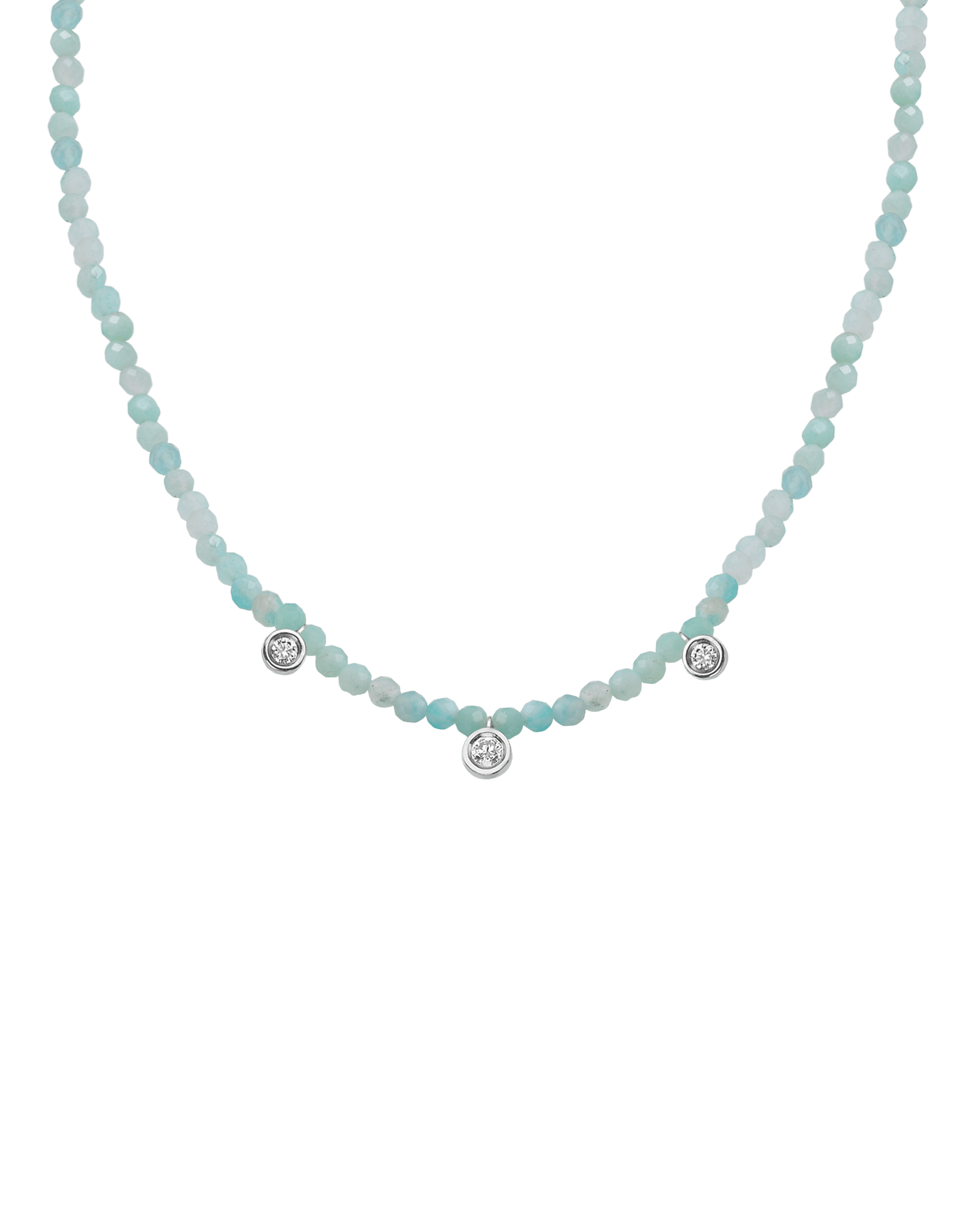 Emerald Gemstone & Three diamonds Necklace - 14K White Gold Necklaces magal-dev Natural Apatite 14" - Collar 