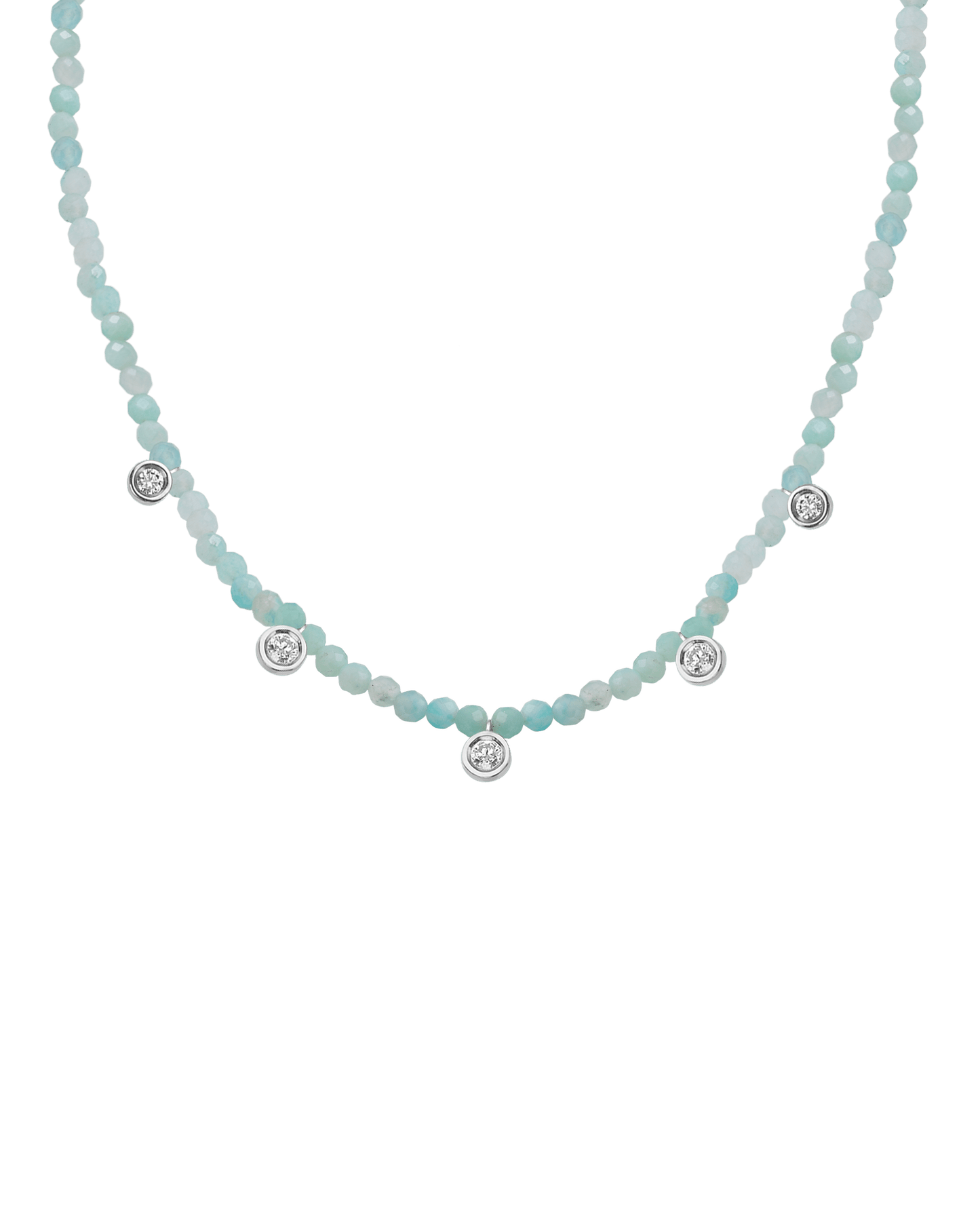 Turquoise Gemstone & Five diamonds Necklace - 14K White Gold Necklaces magal-dev Natural Apatite 14" - Collar 