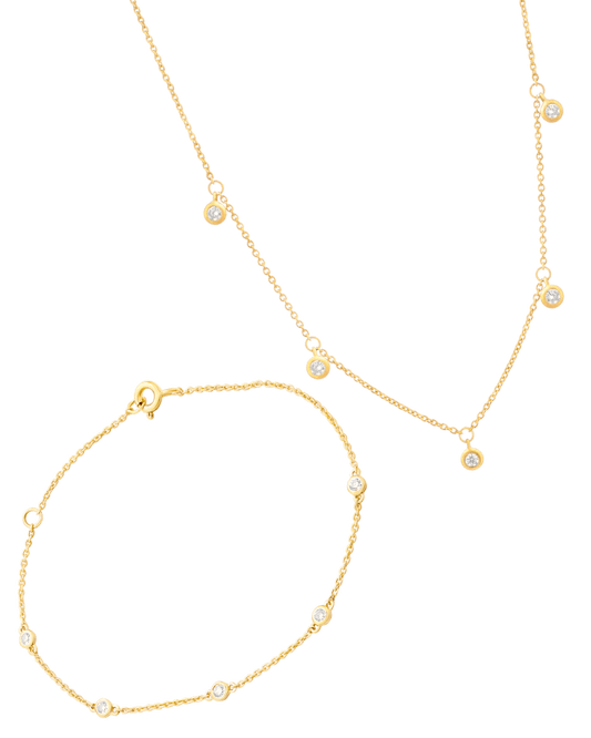 Set of 5 Diamonds Bezel Bracelet & Necklace - 14K Yellow Gold Bracelets magal-dev 6"+1" 16"+1" 