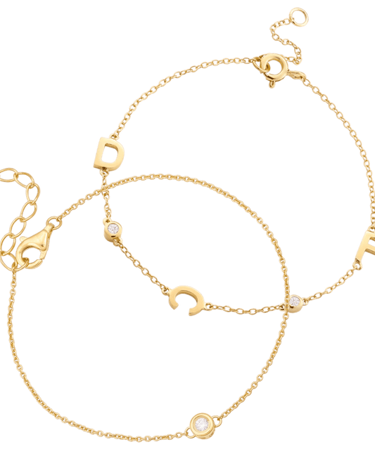 Set of Initial Bracelet with Diamonds & Chain of Love Bracelets - 14K Yellow Gold Bracelets magal-dev Small: 0.03ct 1 Initial + 1 Diamond 