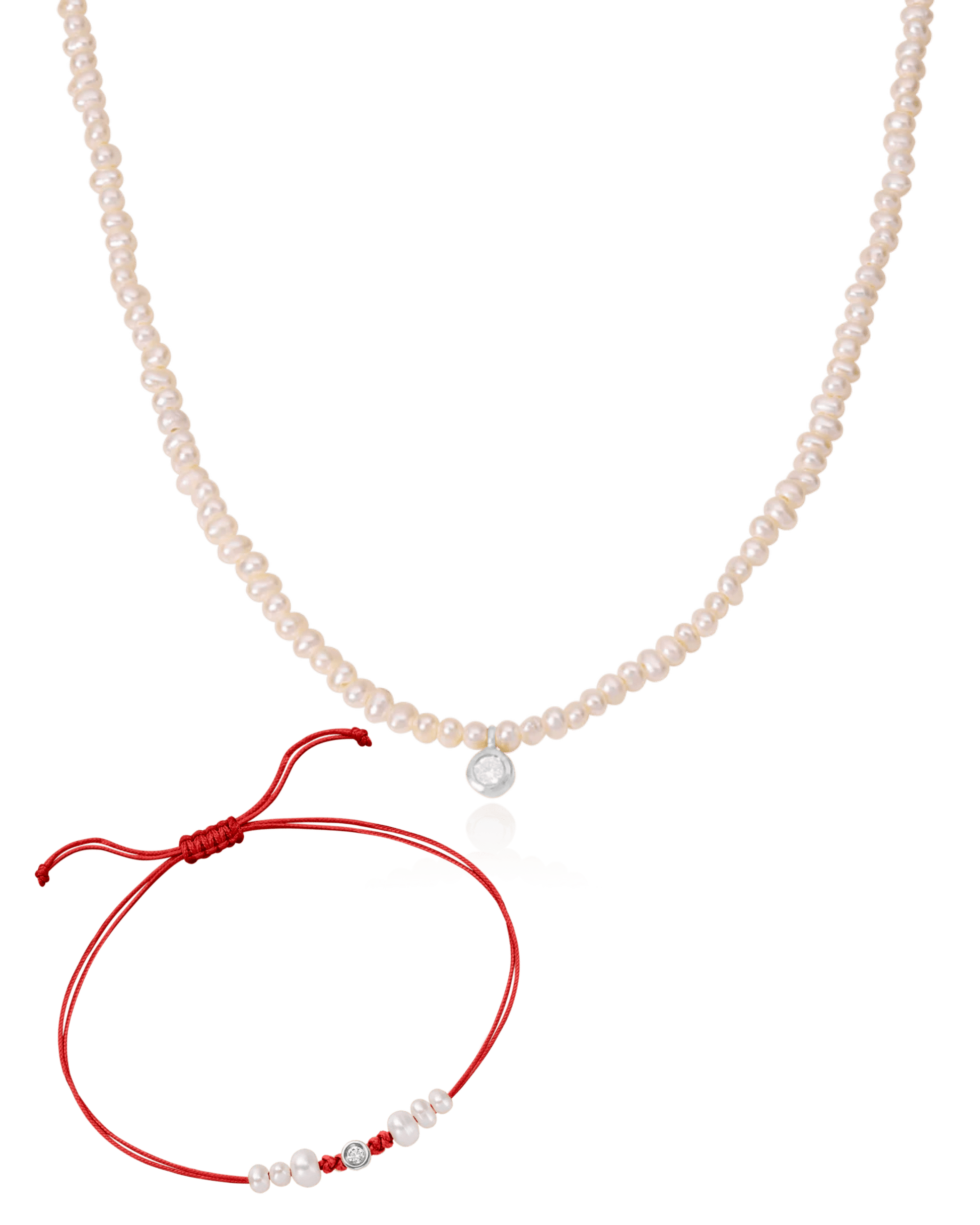Set of Pearl String of Love Bracelet & Pearl and Diamond Necklace - 14K White Gold Bracelet magal-dev Small: 0.03ct Red 