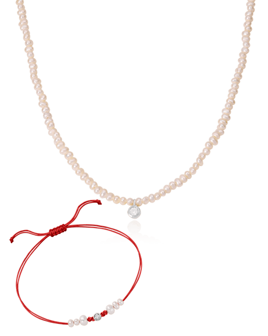 Set of Pearl String of Love Bracelet & Pearl and Diamond Necklace - 14K White Gold Bracelet magal-dev Small: 0.03ct Red 