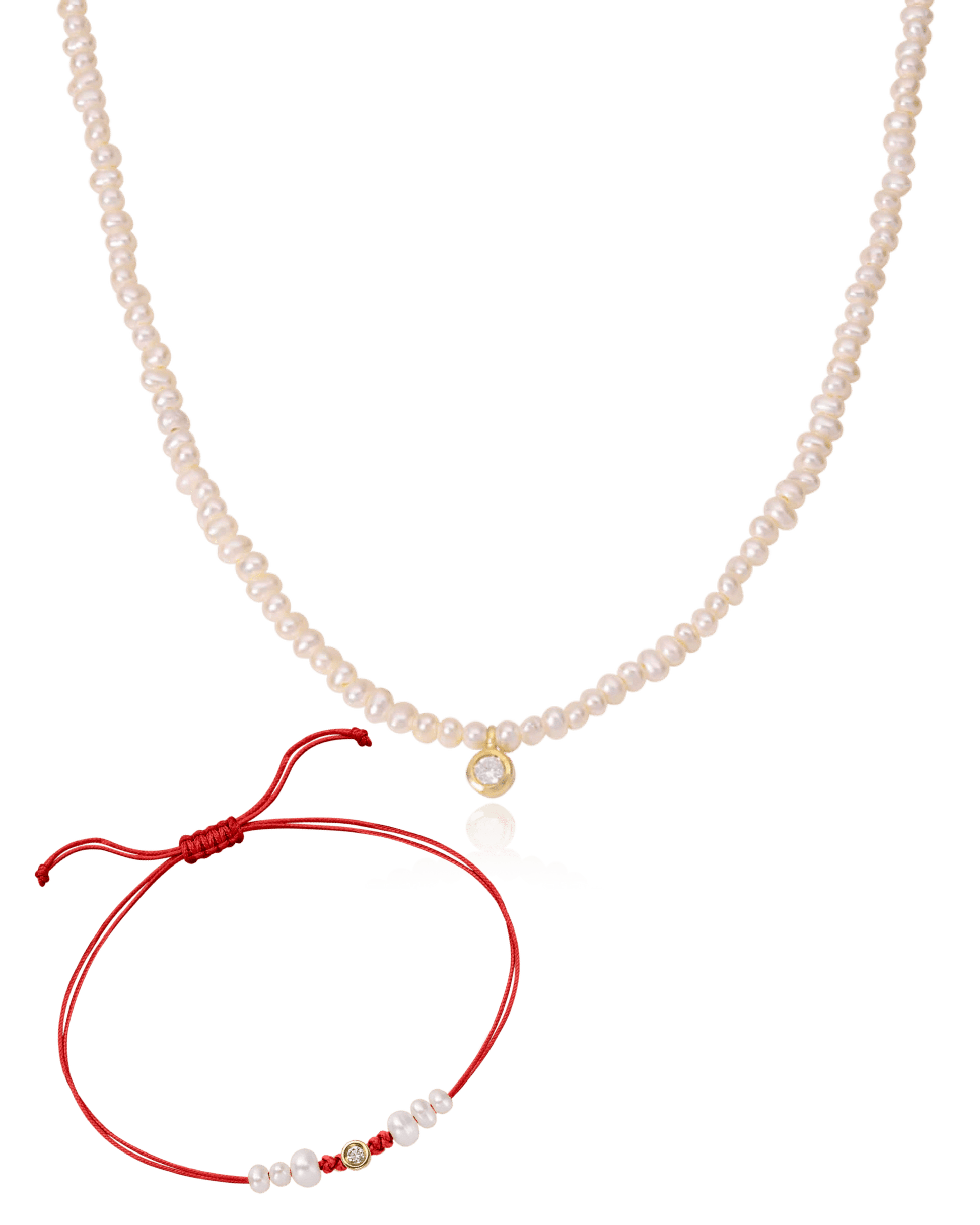 Set of Pearl String of Love Bracelet & Pearl and Diamond Necklace - 14K Yellow Gold Bracelet magal-dev Small: 0.03ct Red 