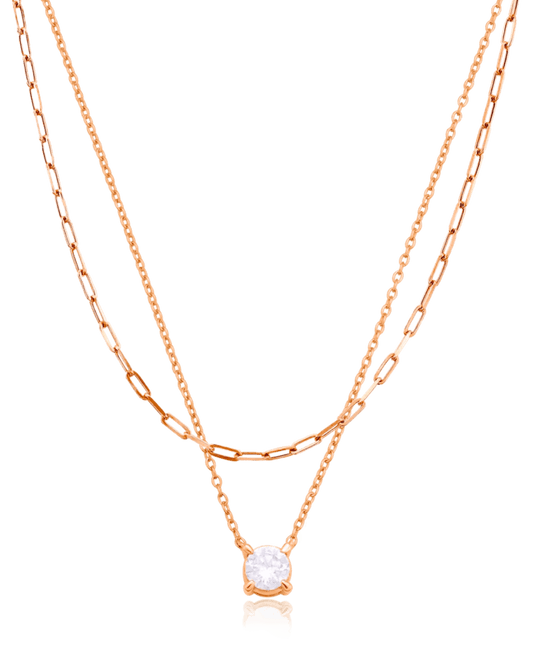 Set of Round Solitaire Diamond & Links Chain Necklaces - 18K Rose Vermeil Necklaces magal-dev 0.10 CT 