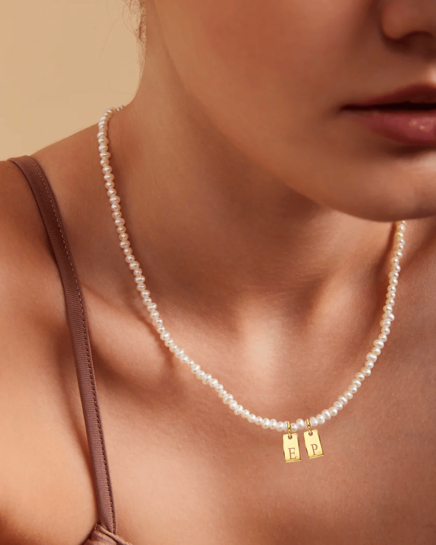 Initial Mini Dogtag & Pearl Necklace - 18K Gold Vermeil Necklaces magal-dev 