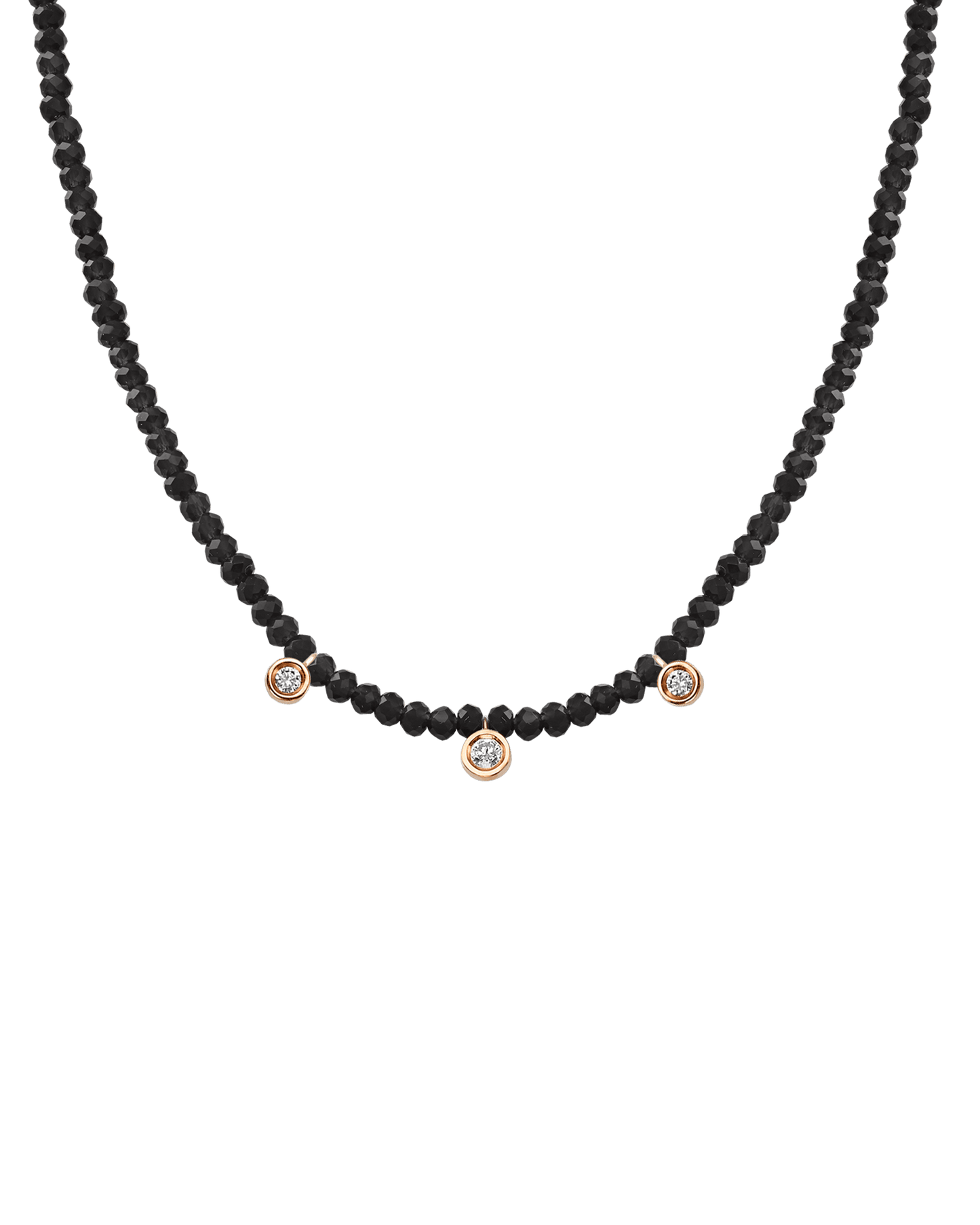 Black Spinel Gemstone & Three diamonds Necklace - 14K Rose Gold Necklaces magal-dev Glass Beads Black Spinnel 14" - Collar 