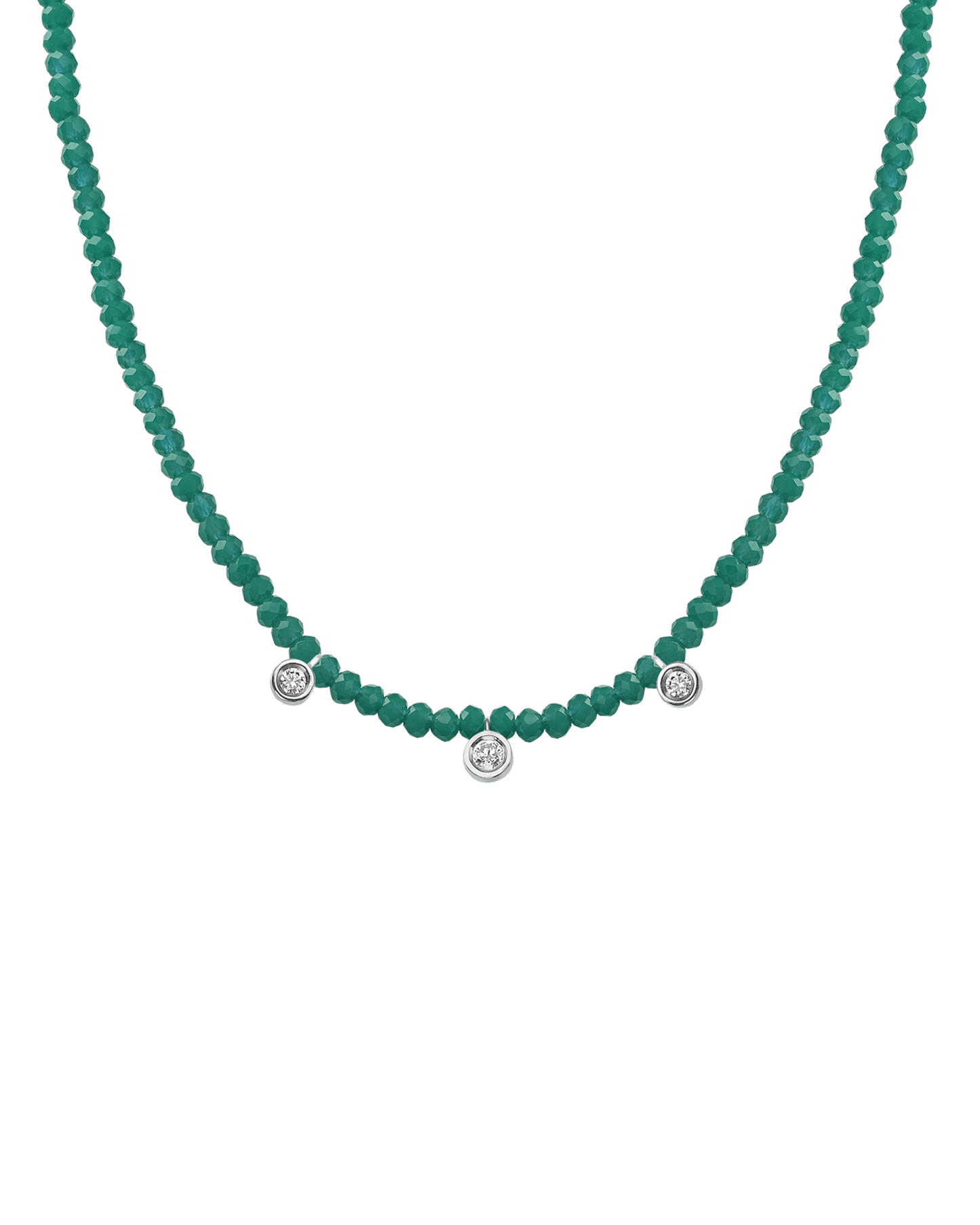 Turquoise Gemstone & Three diamonds Necklace - 14K White Gold Necklaces magal-dev Natural Emerald 14" - Collar 