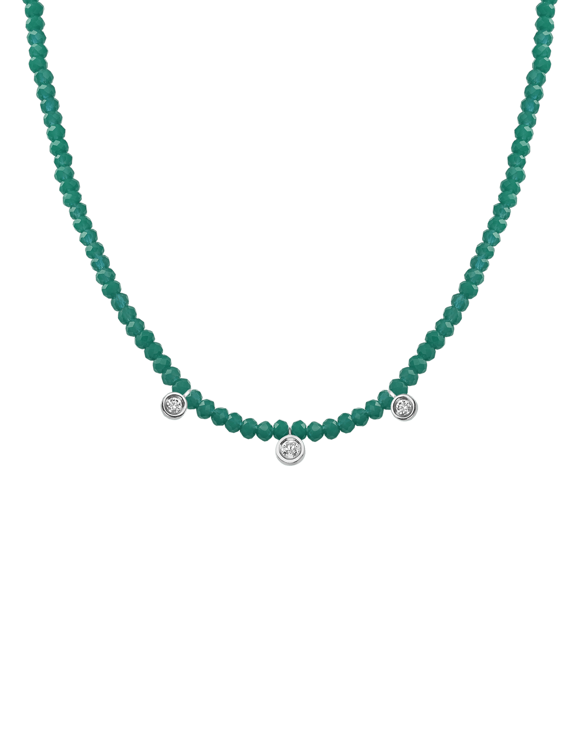 Turquoise Gemstone & Three diamonds Necklace - 14K White Gold Necklaces magal-dev Natural Emerald 14" - Collar 