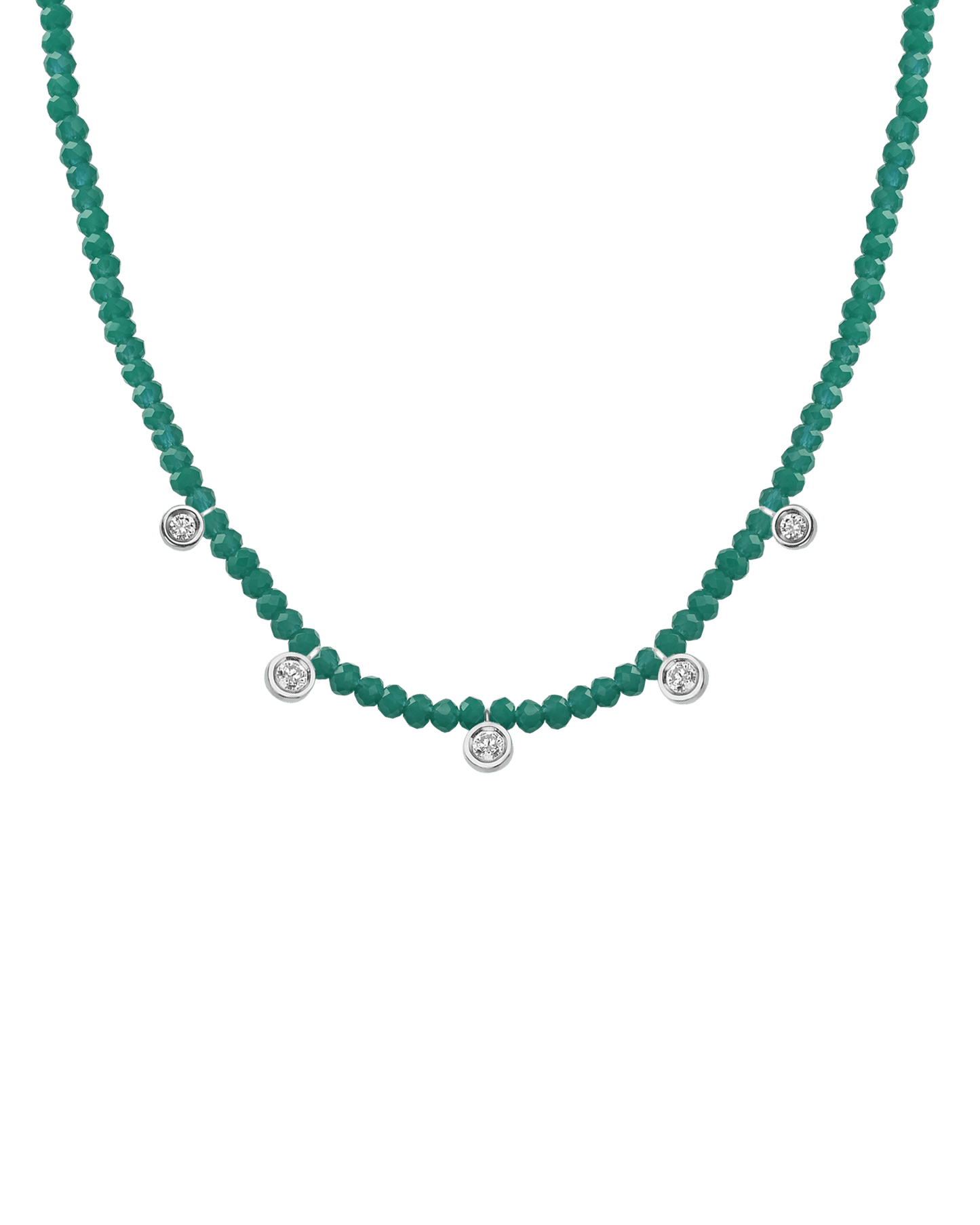 Jade Gemstone & Five diamonds Necklace - 14K White Gold Necklaces magal-dev Natural Emerald 14" - Collar 