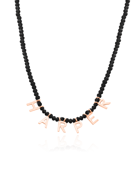 Gemstone & Initial Necklace - 18K Rose Vermeil Necklaces magal-dev Glass Beads Black Spinnel 14" 