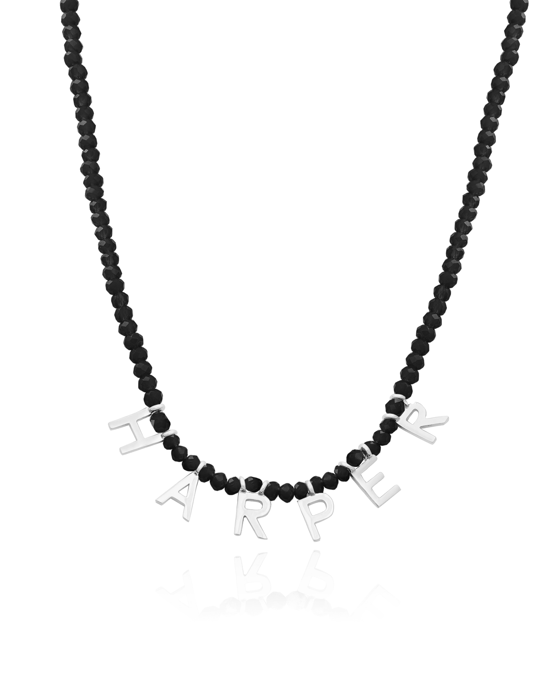 Gemstone & Initial Necklace - 925 Sterling Silver Necklaces magal-dev Glass Beads Black Spinnel 14" 