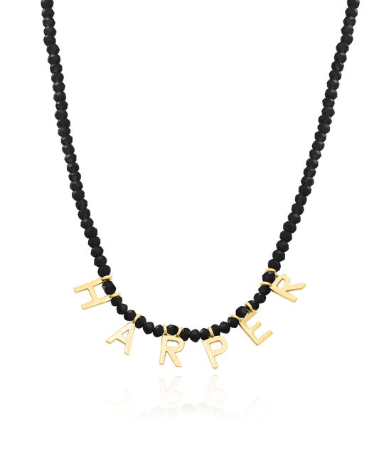 Gemstone & Initial Necklace - 18K Gold Vermeil Necklaces magal-dev Glass Beads Black Spinnel 14" 